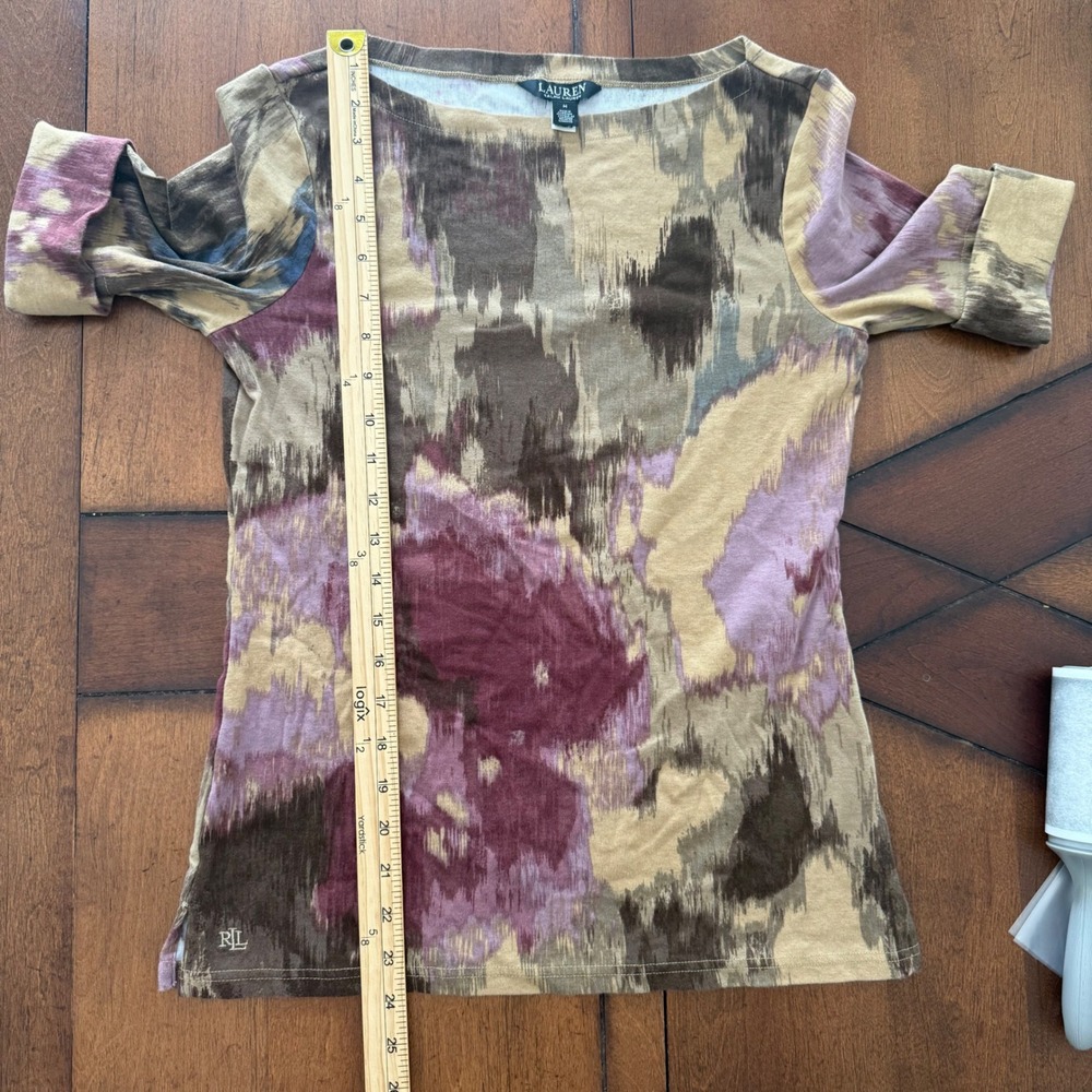 Lauren Ralph Lauren Brown Purple Abstract Ikat Boat Neck Elbow Sleeve Top M - Picture 8 of 8